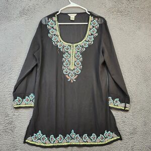 Lucky & Coco Tunic Womens Medium Black Beaded Embroidered Boho Sheer India Dress